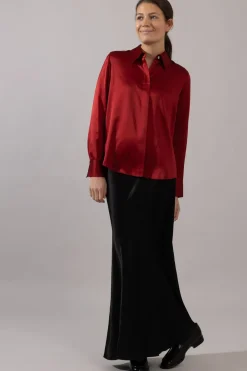 Bluse - Slim Fit Satin Ruby Ink