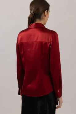 Bluse - Slim Fit Satin Ruby Ink
